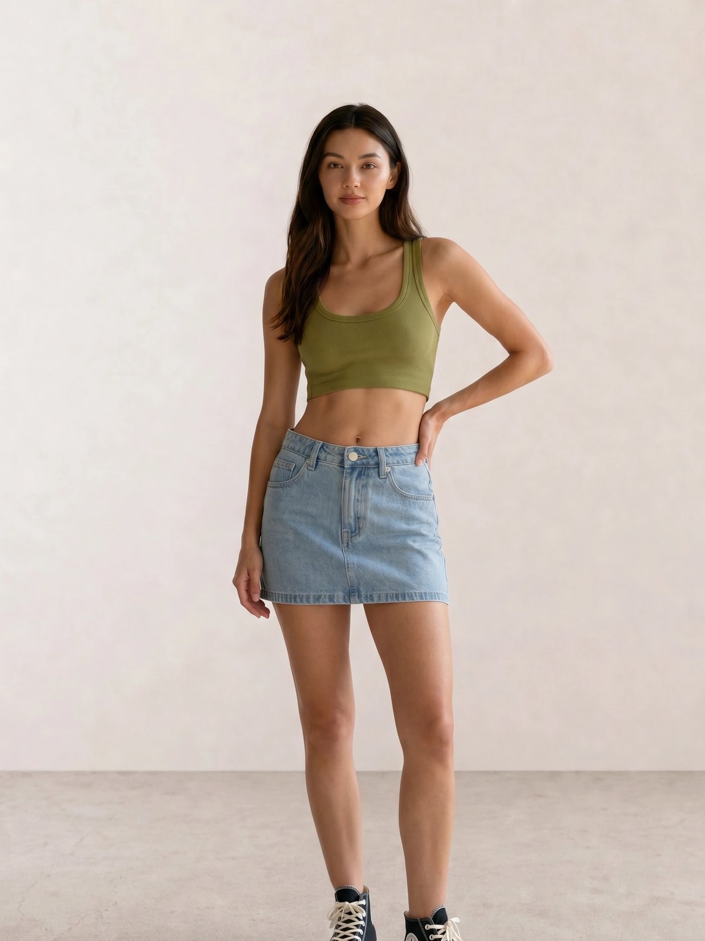 Olive Crop Tank & Denim Mini Skirt