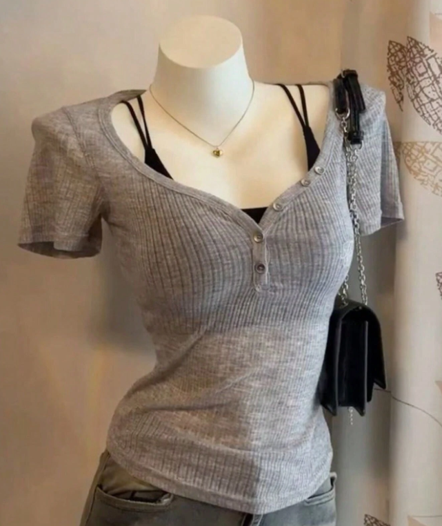 Grey Ruched Short-Sleeve Top