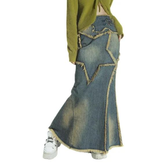 Frayed Denim Maxi Skirt