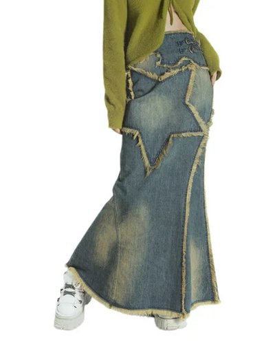 Frayed Denim Maxi Skirt