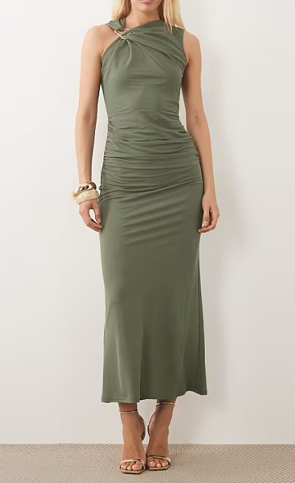 Sage Twist-Neck Ruched Midi Dress