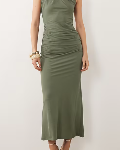 Sage Twist-Neck Ruched Midi Dress
