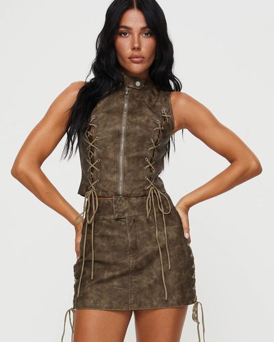 Brown Suede Lace-Up Mini Dress
