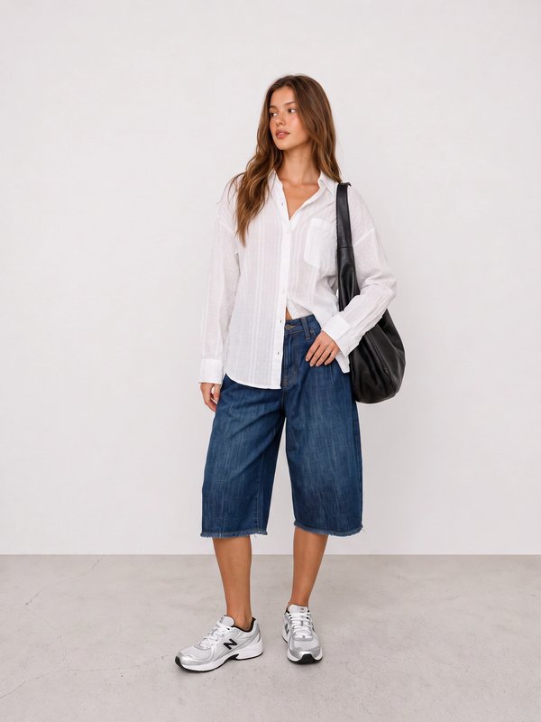 White Shirt and Denim Bermuda Shorts Outfit