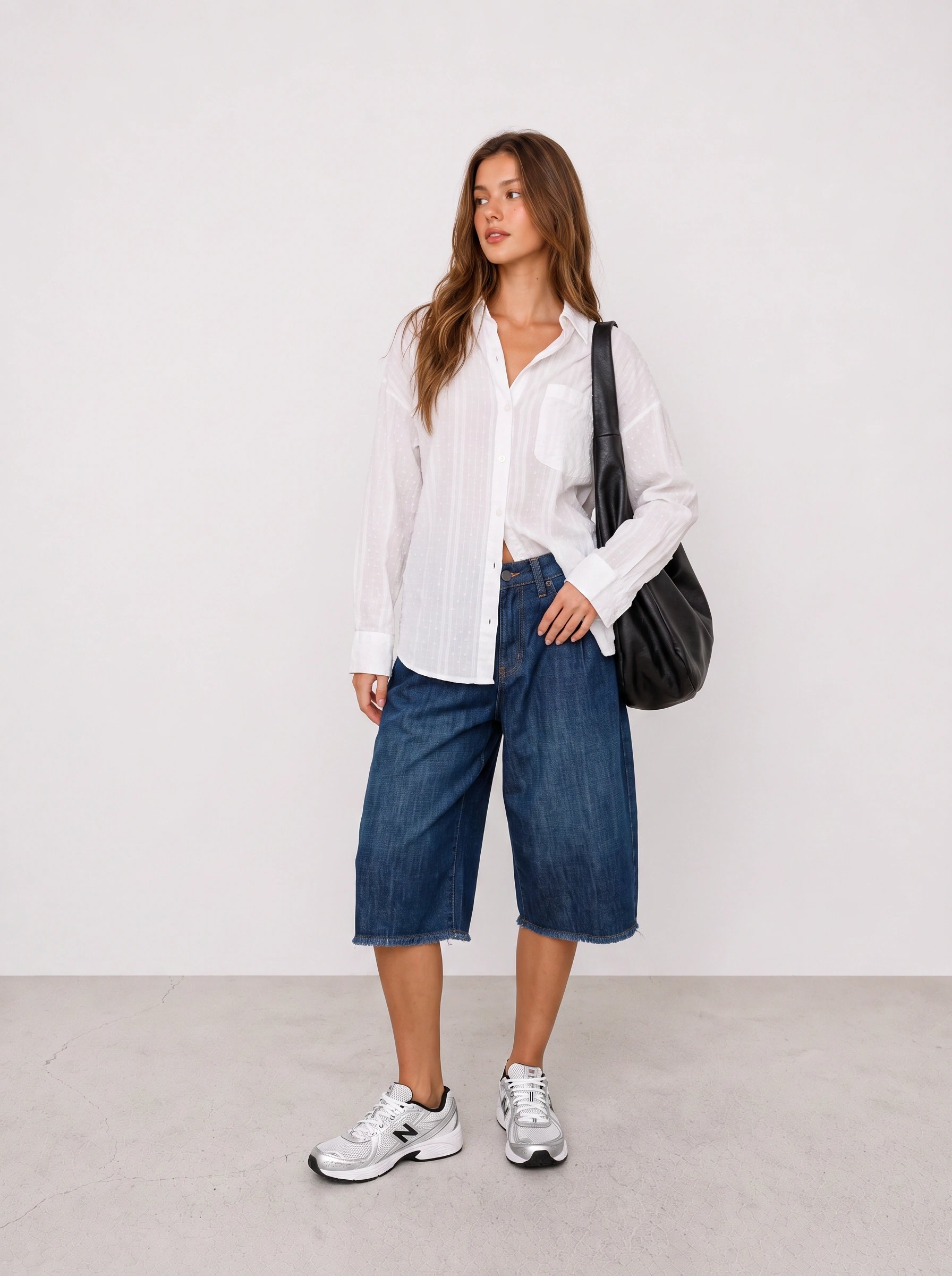 White Shirt and Denim Bermuda Shorts Outfit