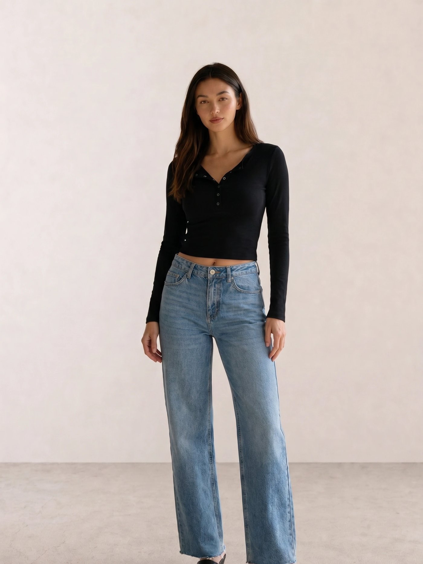 Black Henley Crop Top & Light Wash Wide-Leg Jeans