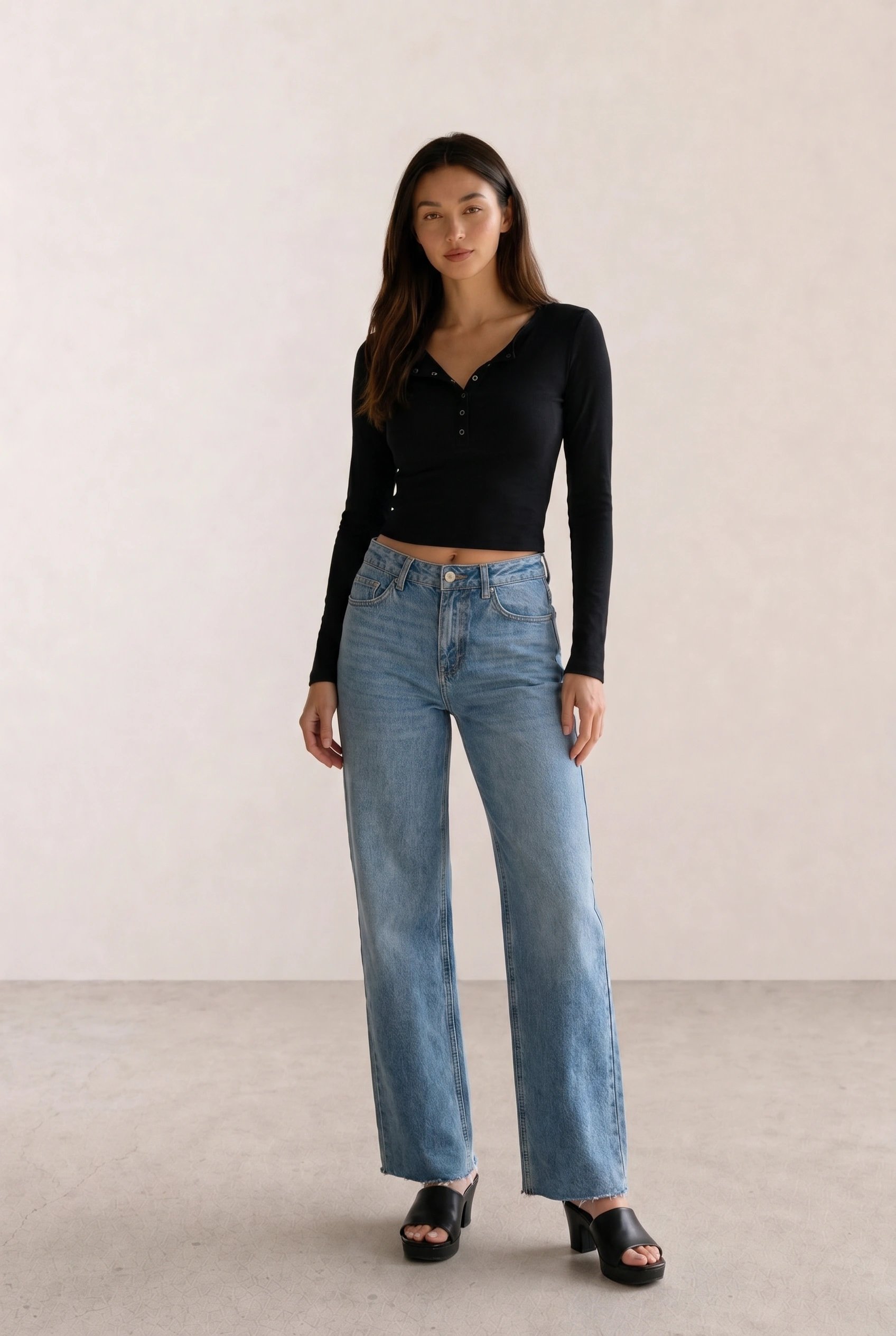 Black Henley Crop Top & Light Wash Wide-Leg Jeans