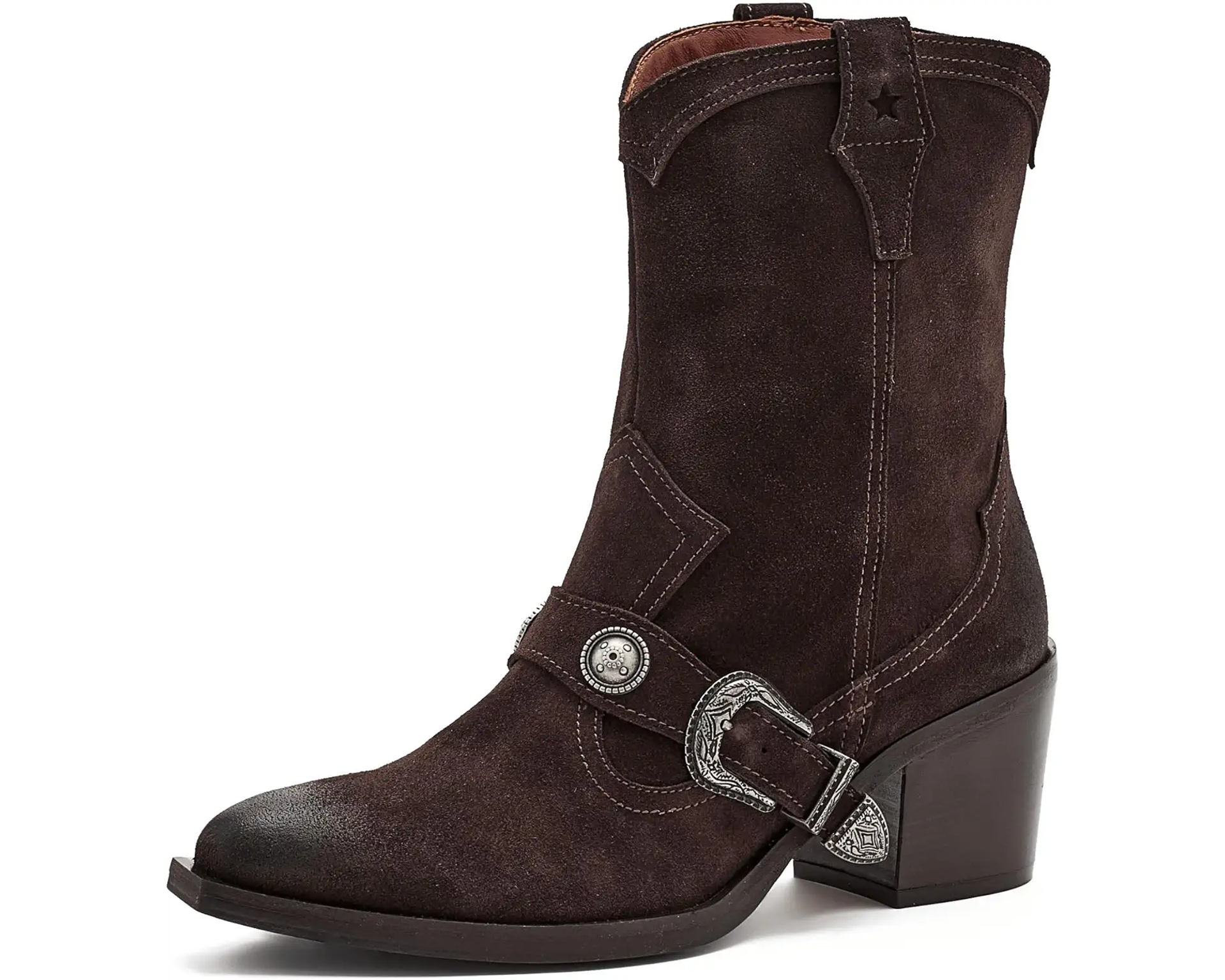 Dark brown buckle western boots paired with a plain draped strapless top