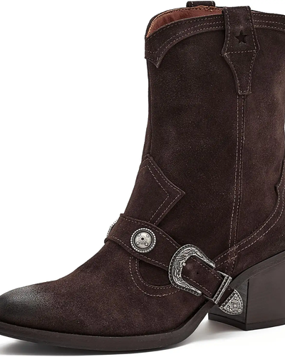 Dark Brown Buckle Western Ankle Boots