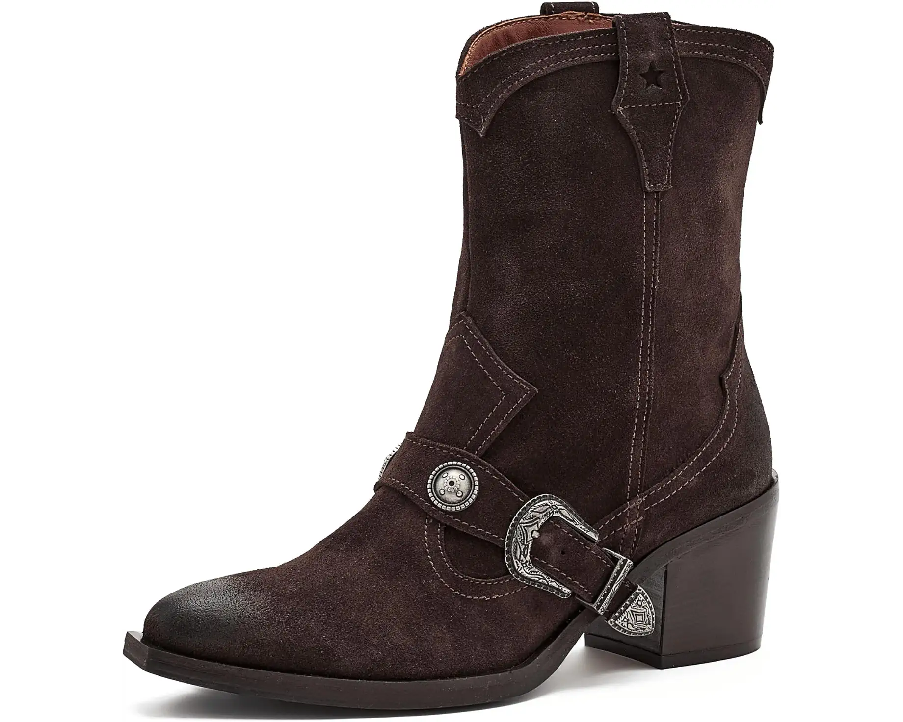 Dark brown buckle western boots paired with a plain draped strapless top