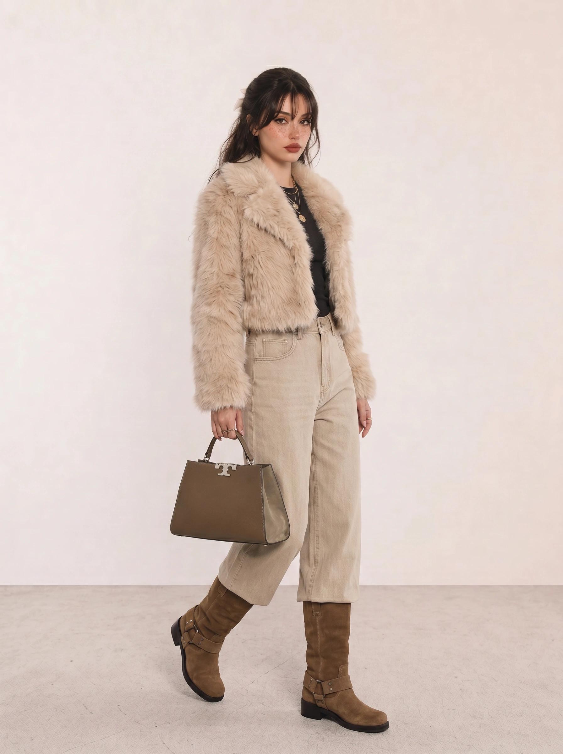 Beige Faux Fur Crop Jacket & Olive Tote