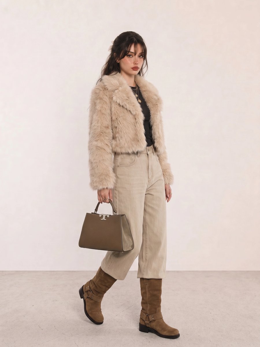 Winter outfit with a beige faux fur crop jacket, wide-leg jeans, and brown suede harness boots