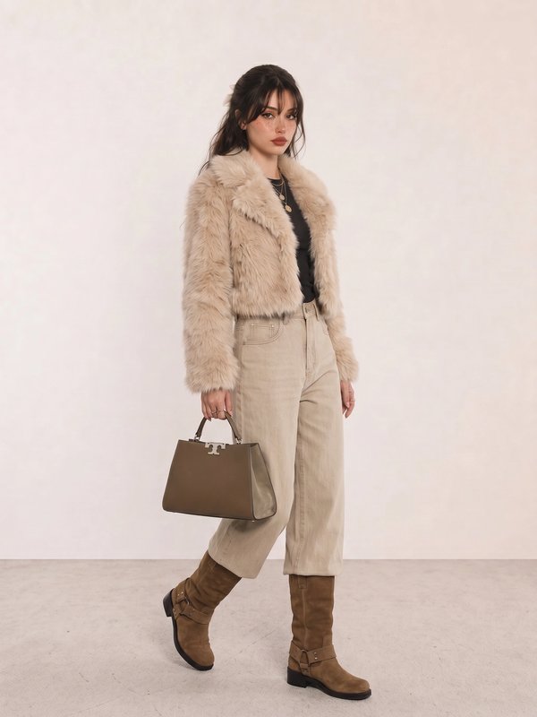 Beige Faux Fur Crop Jacket & Olive Tote