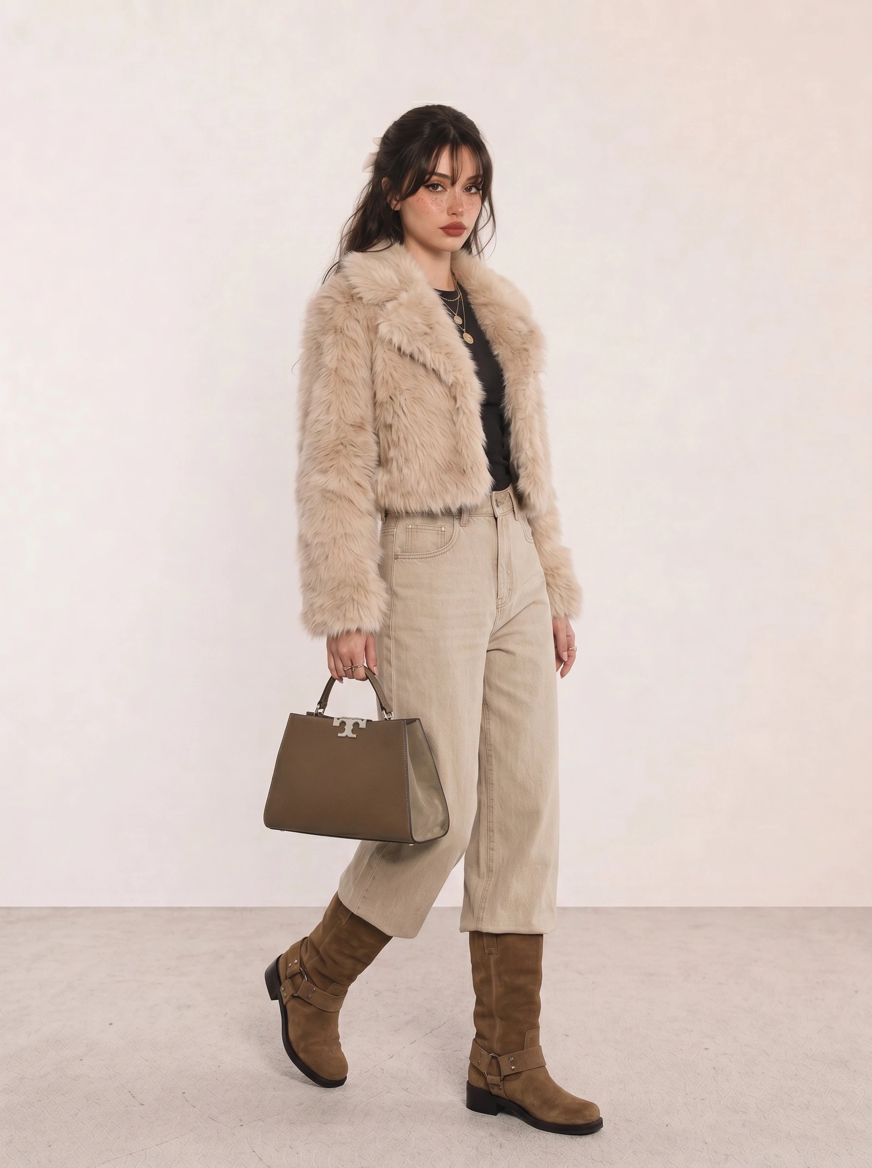 Beige Faux Fur Crop Jacket & Olive Tote