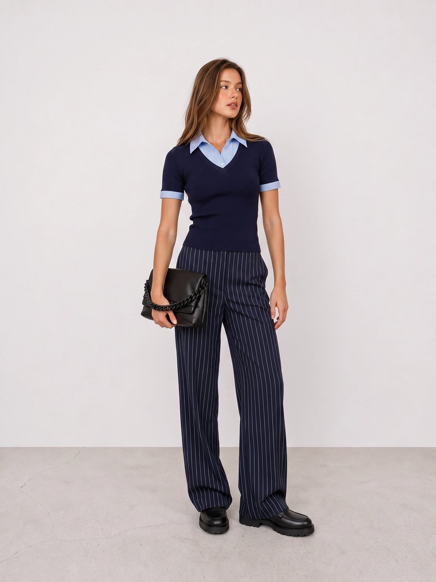 Woman wearing a navy polo knit, navy pinstripe trousers, black loafers, and a black clutch