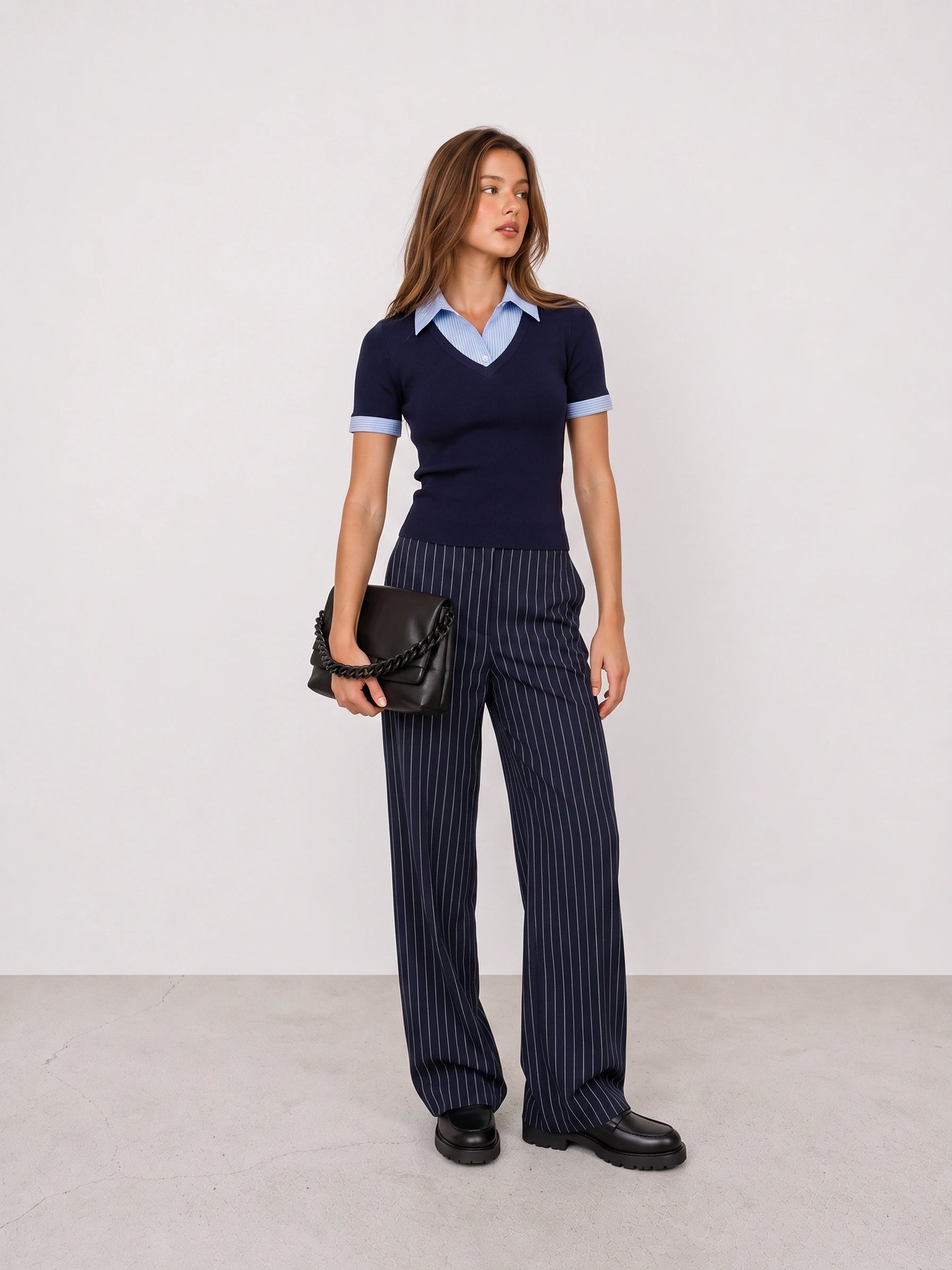 Marineblauer Poloknit und Nadelstreifenhose Büro-Outfit
