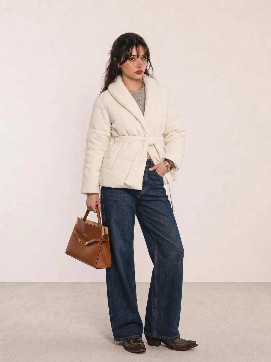 Winter outfit with a cream teddy jacket, dark wash wide-leg jeans, and brown ankle boots