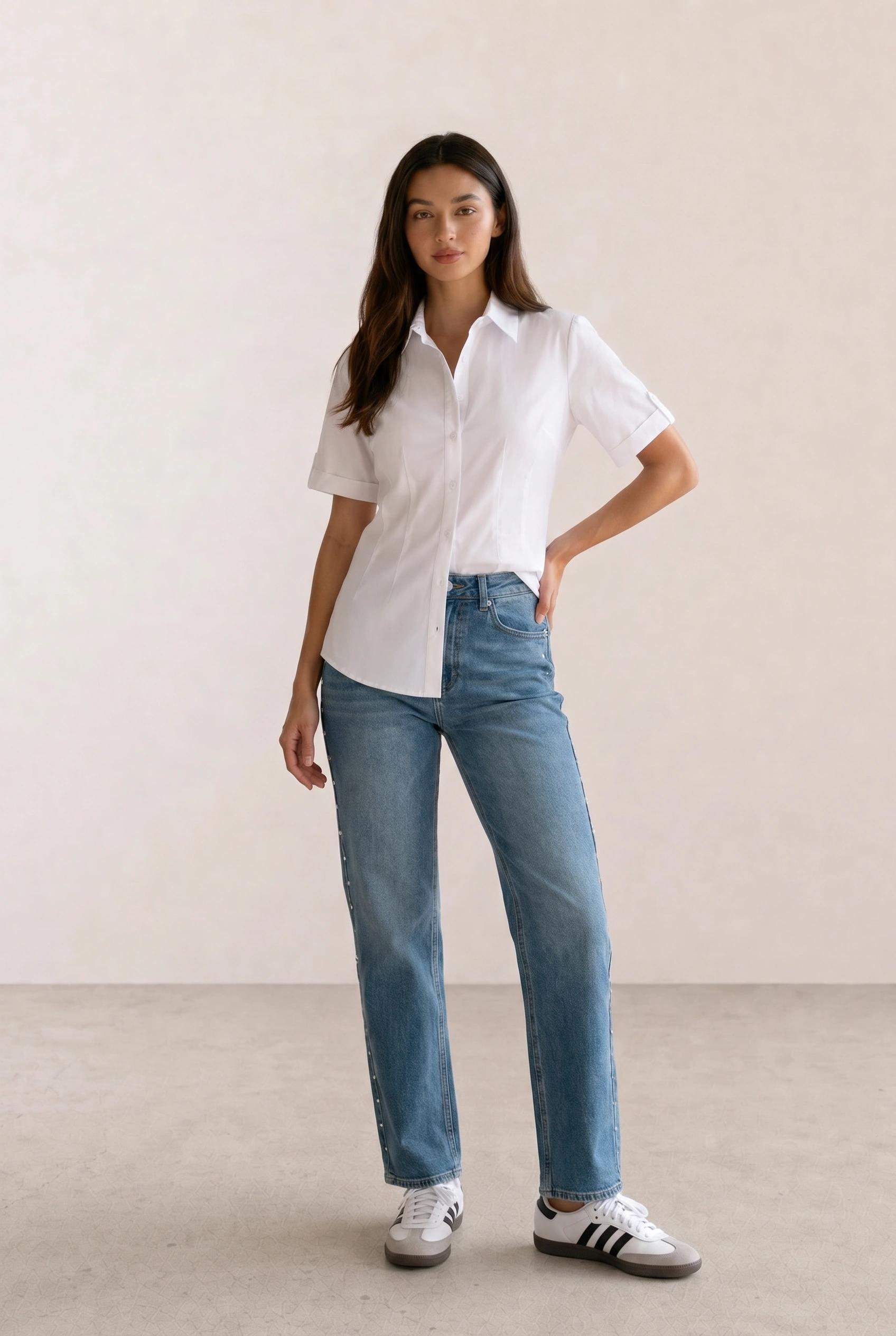 White Fitted Shirt & Studded Straight Jeans
