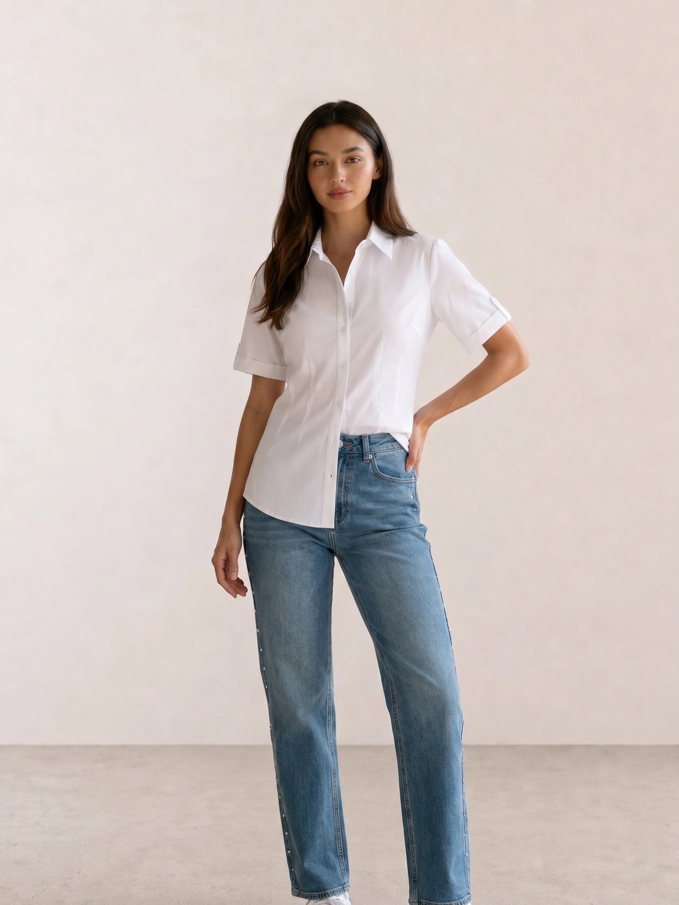 White Fitted Shirt & Studded Straight Jeans