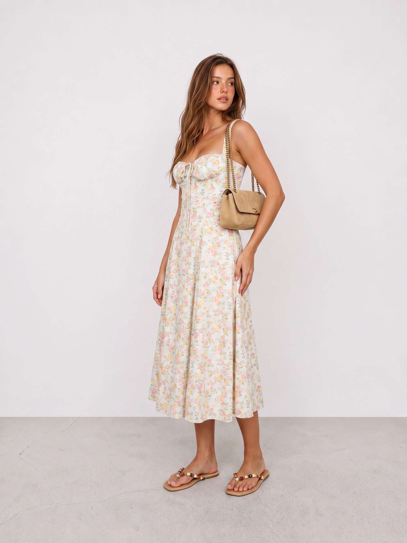 Floral Maxi Dress and Gold Sandals Outfit