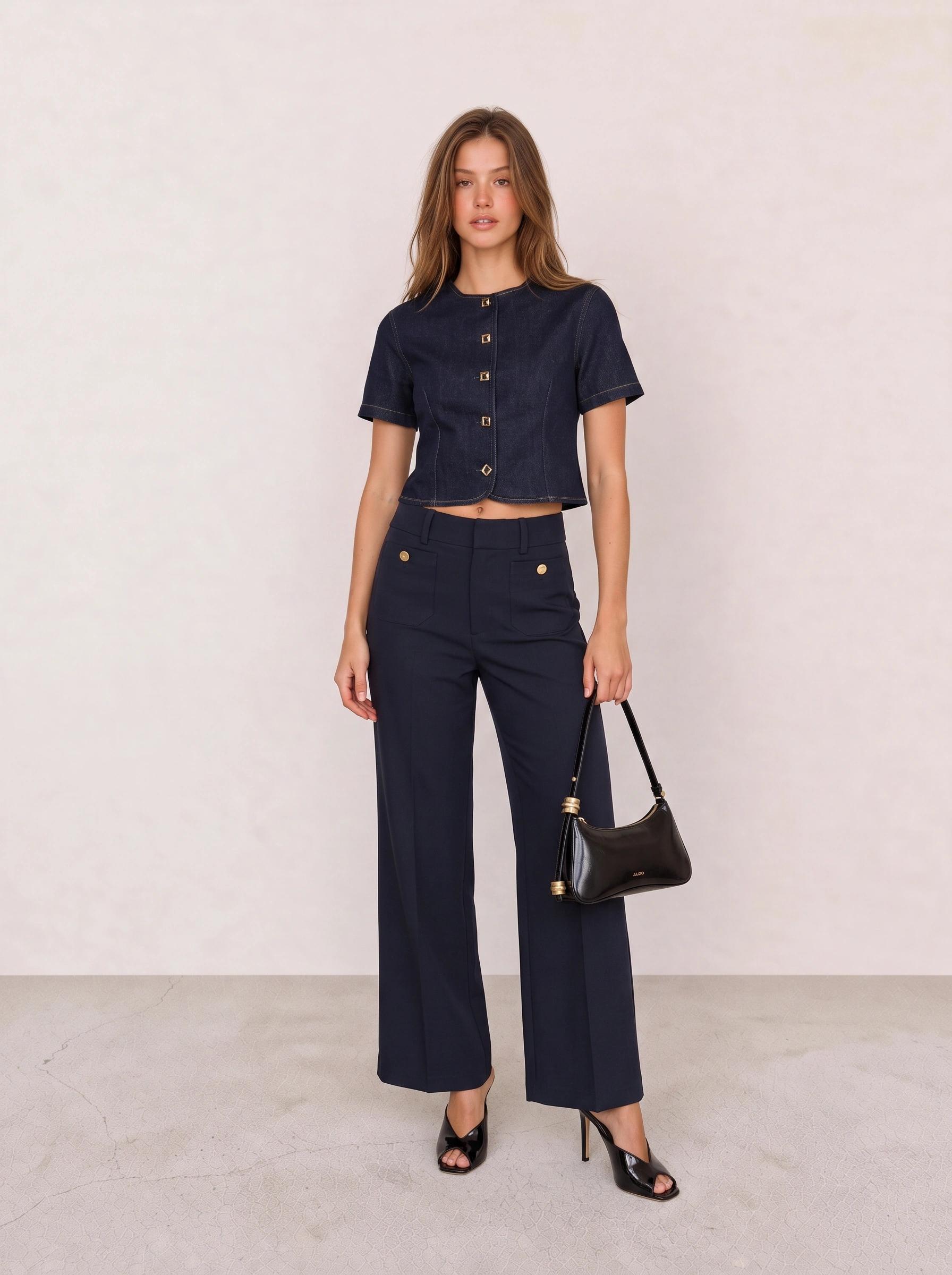 Navy Short-Sleeve Denim Button Top & Navy Wide-Leg Trousers