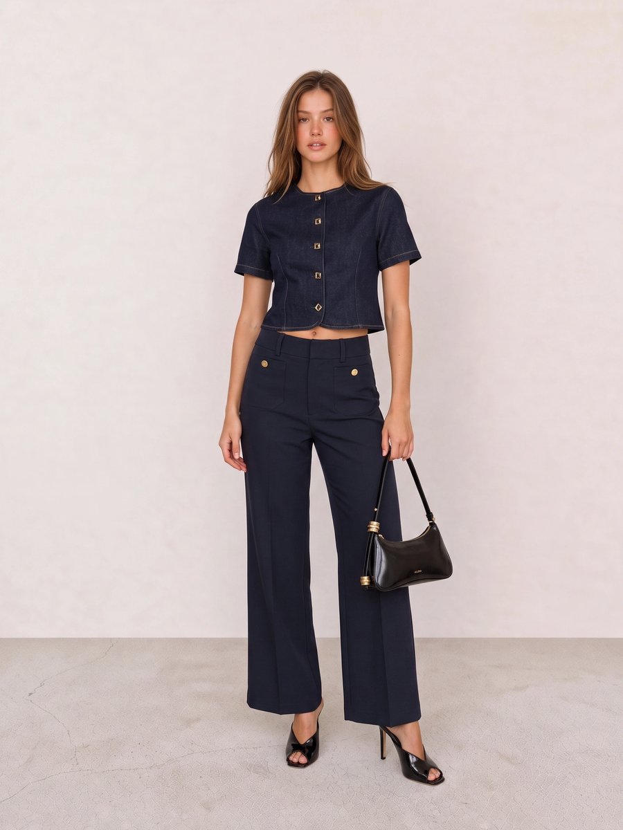 Old money look with navy short-sleeve denim button top & navy wide-leg trousers and black patent peep-toe mule heels