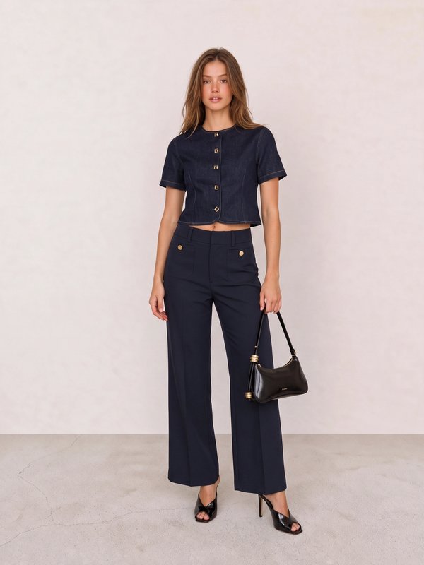Navy Short-Sleeve Denim Button Top & Navy Wide-Leg Trousers