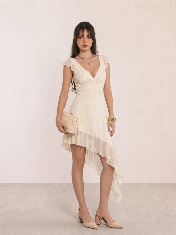 Cream Polka-Dot Asymmetric Ruffle Mini Dress