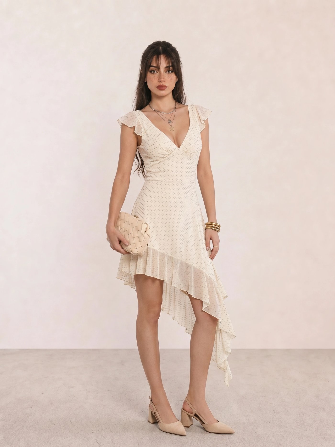 Cream Polka-Dot Asymmetric Ruffle Mini Dress
