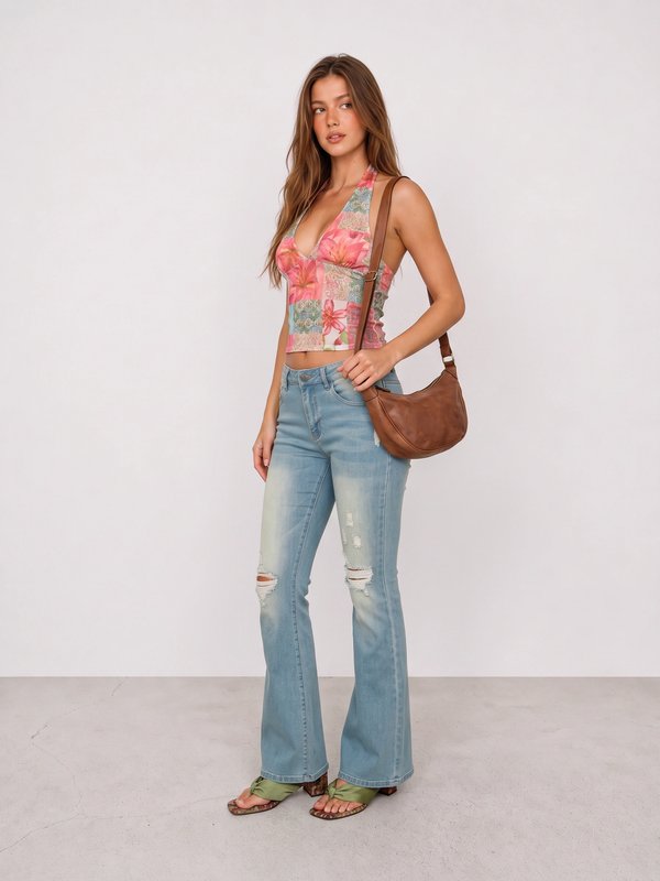 Pink Patchwork Halter Top and Light-Wash Jeans Y2K Outfit