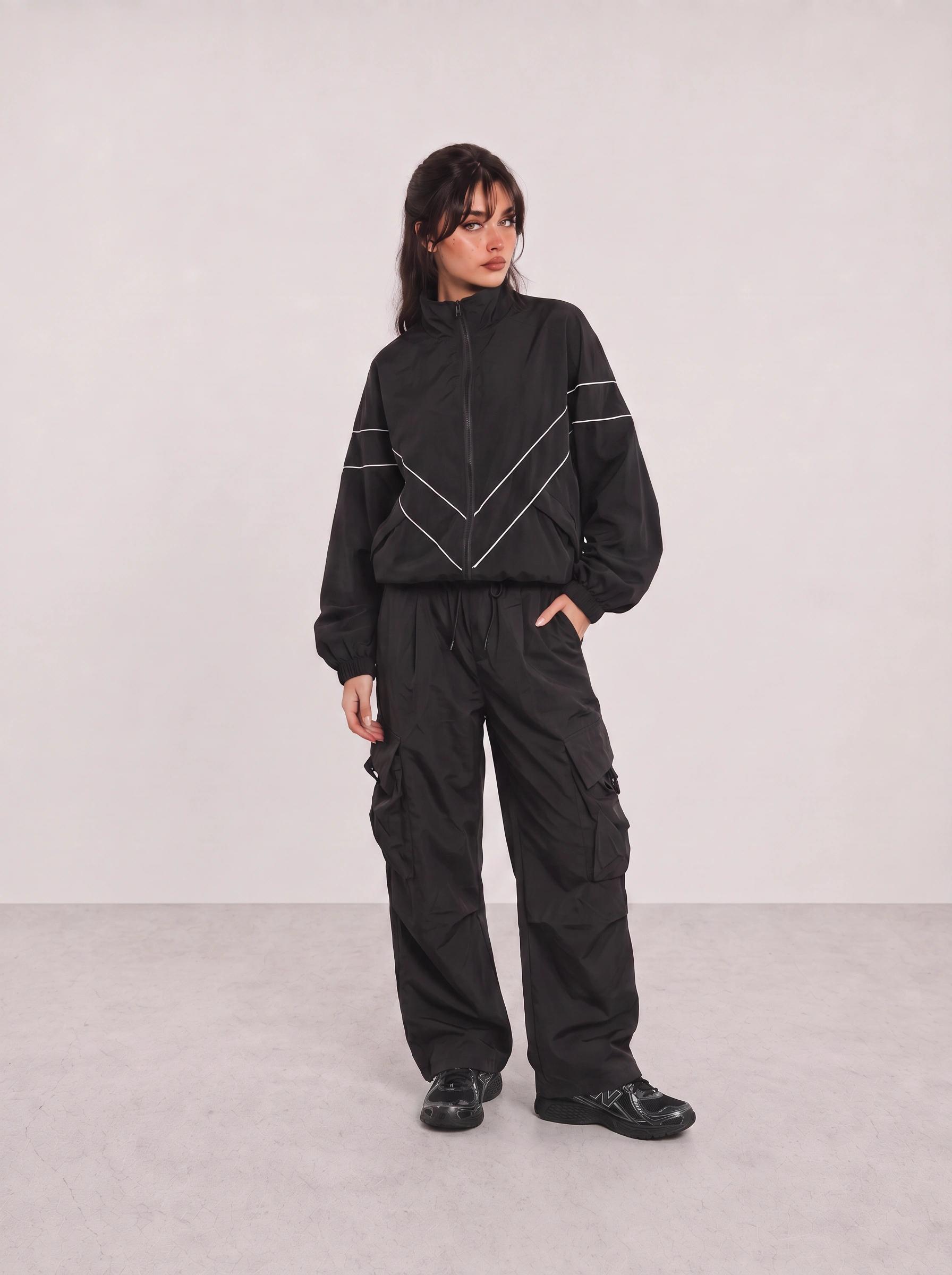 Black Track Jacket and Cargo Pants Outfit