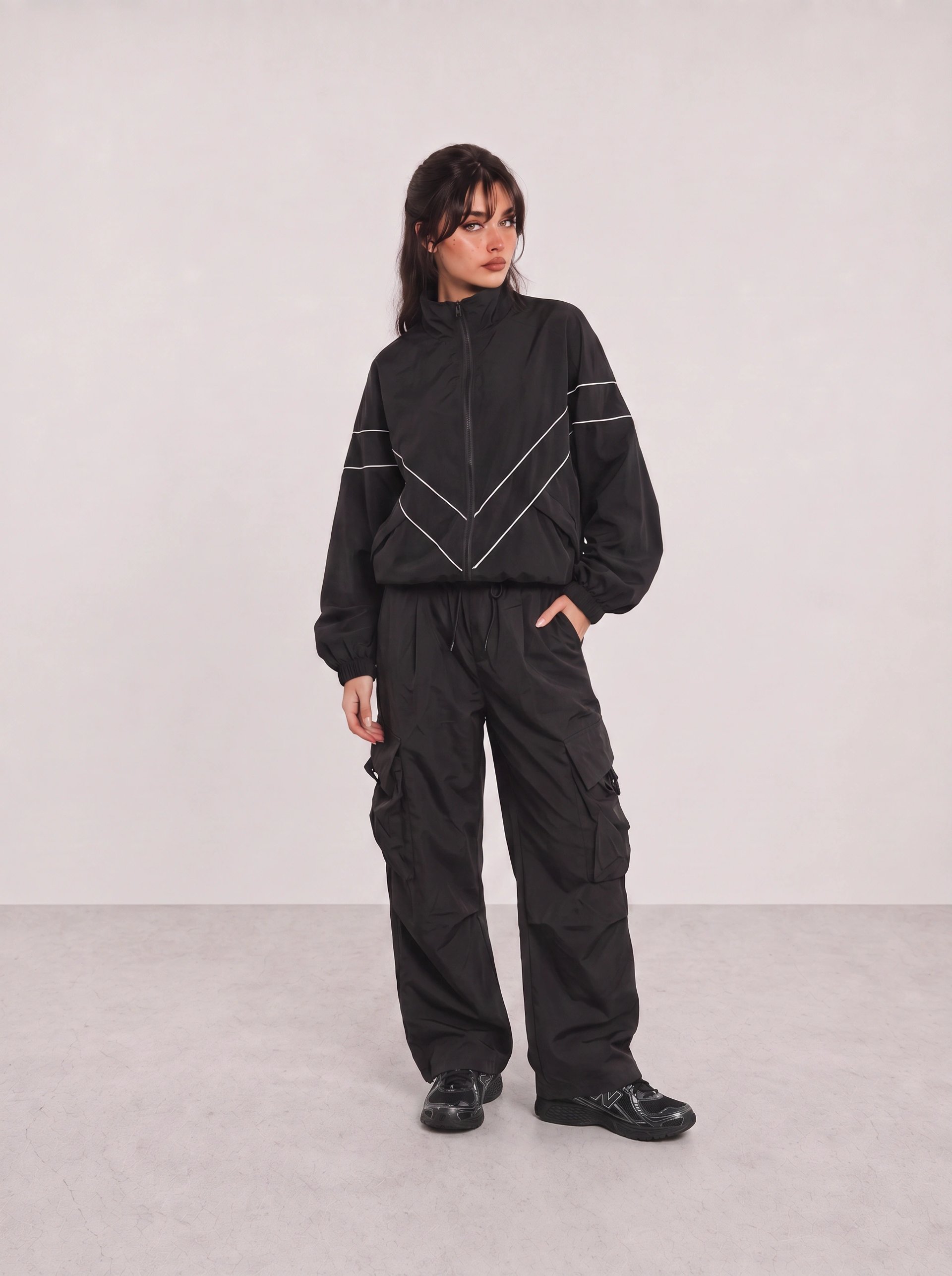 Black Track Jacket and Cargo Pants Outfit