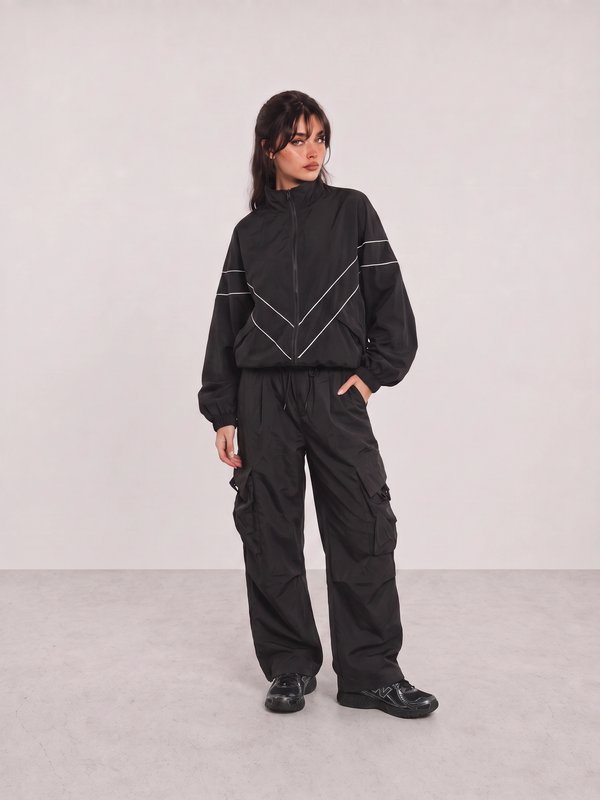 Black Track Jacket and Cargo Pants Outfit