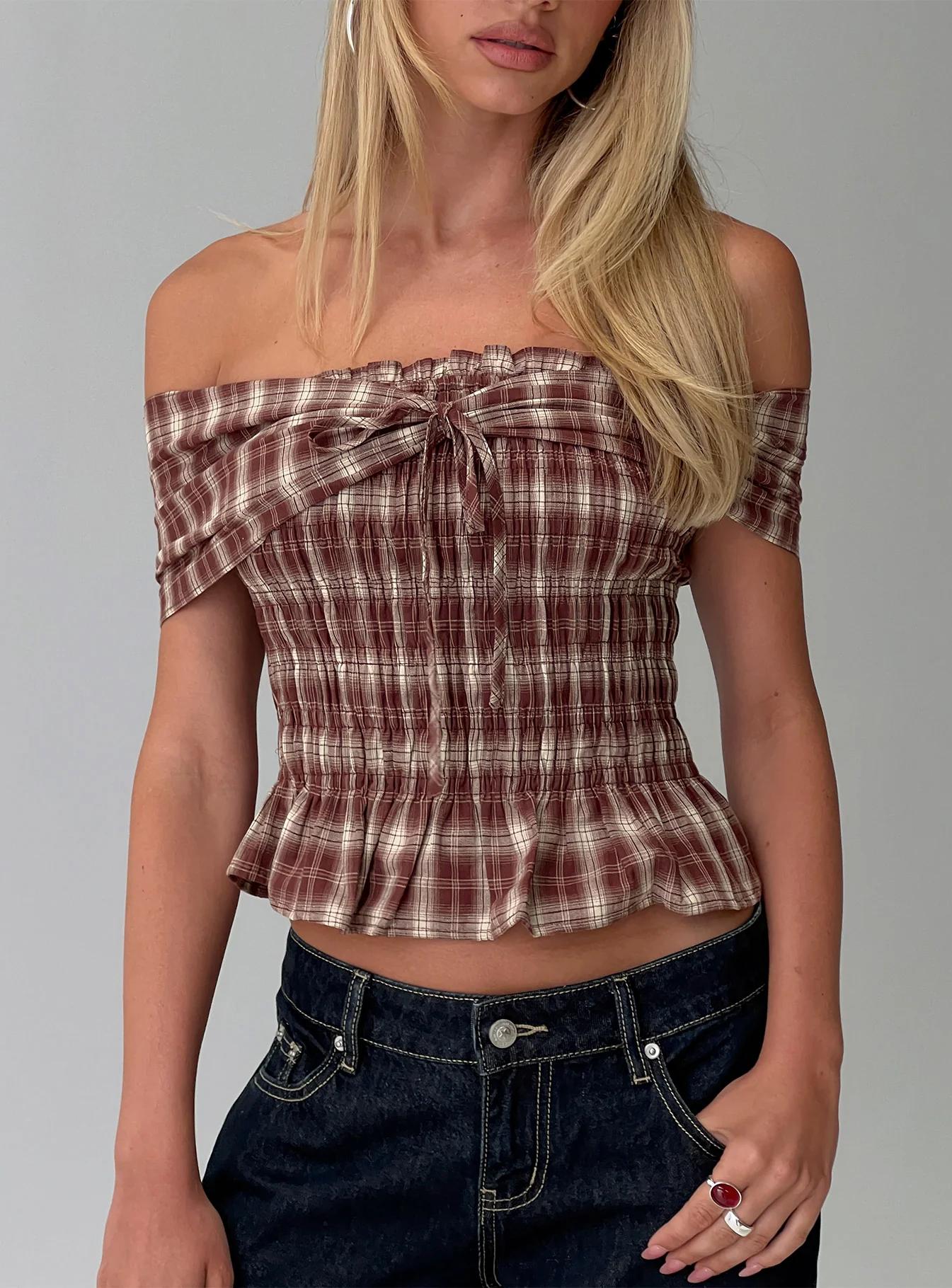 Brown Plaid Off-Shoulder Top