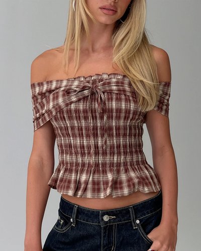 Brauner karierter Off-Shoulder-Top