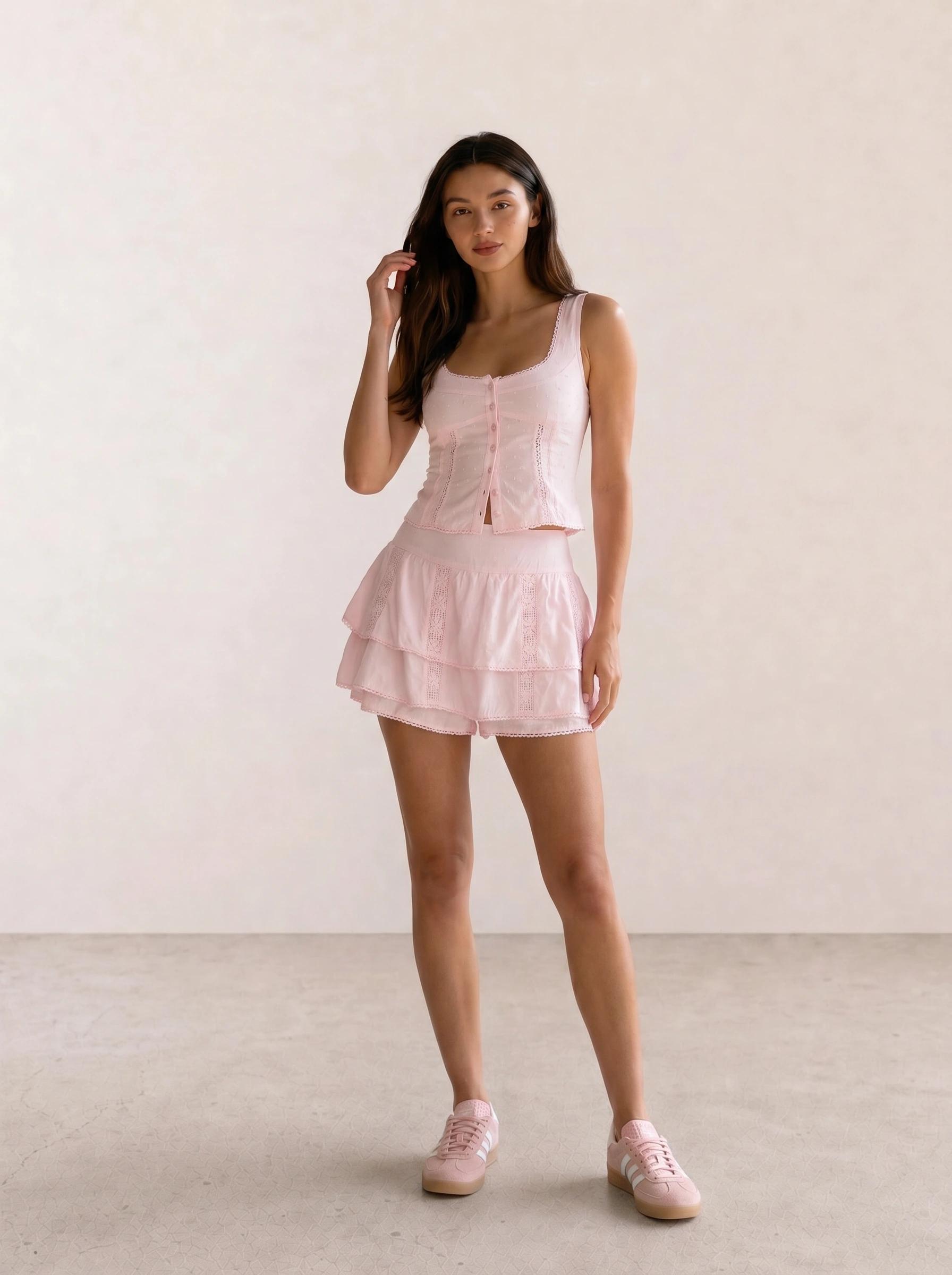 Pink Linen Corset Crop & Tiered Ruffle Skirt