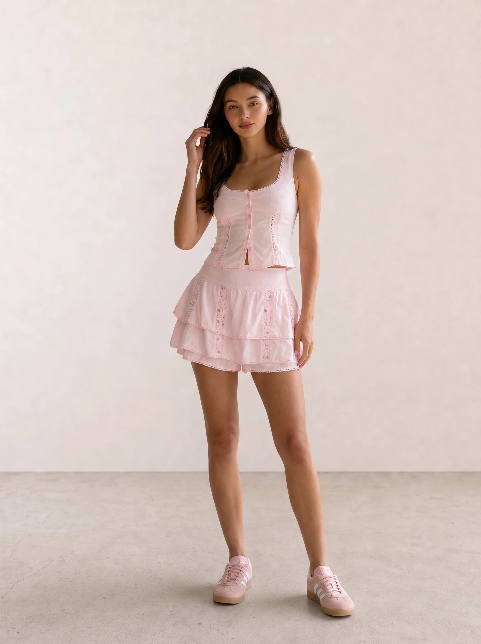 Pink Linen Corset Crop & Tiered Ruffle Skirt