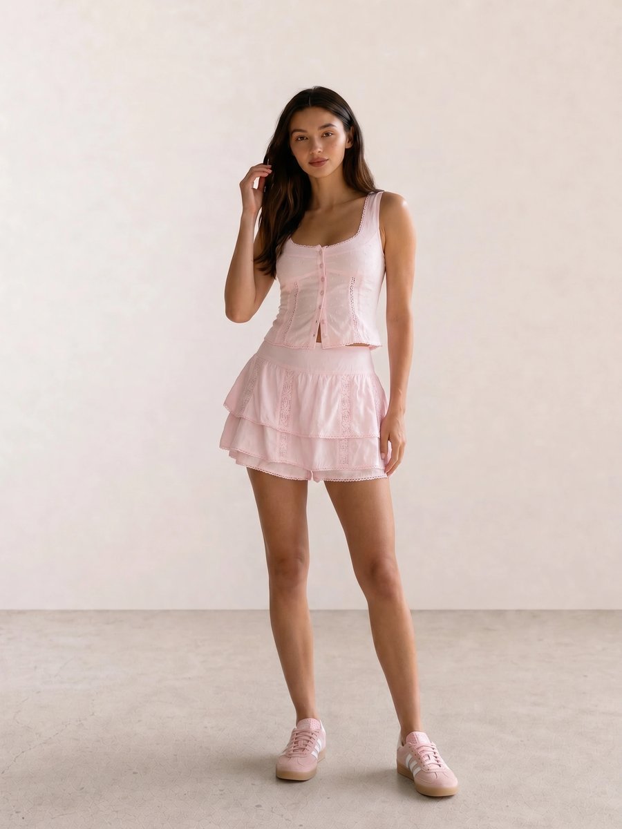 Pink corset crop top with tiered ruffle mini skirt and Adidas Gazelle sneakers