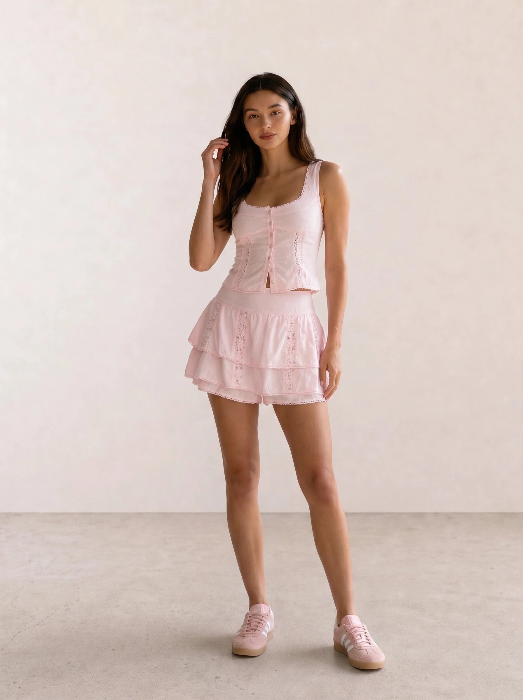 Pink Linen Corset Crop & Tiered Ruffle Skirt