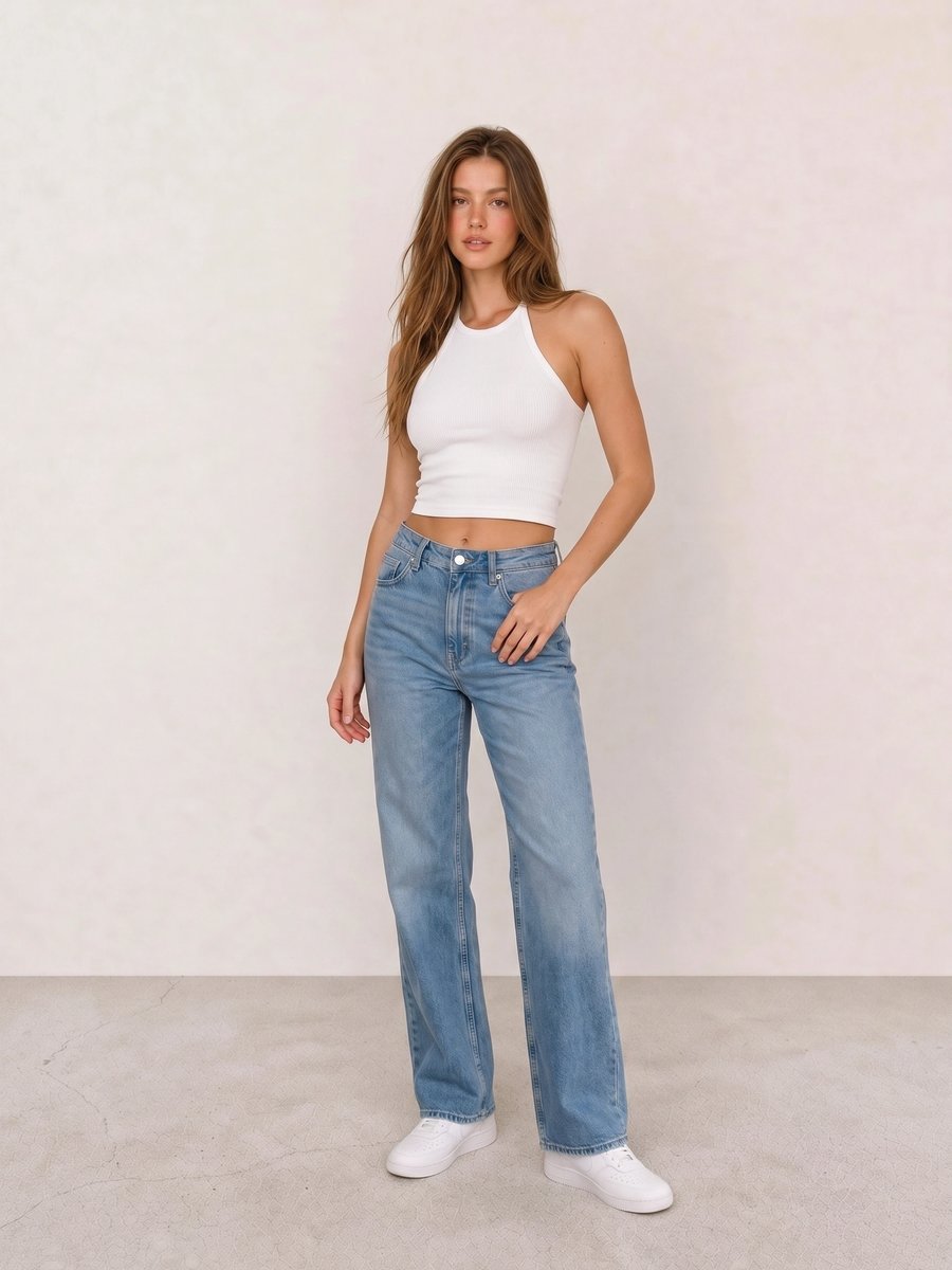 Basic casual outfit with a white racerback tank, blue wide-leg jeans, and white Nike sneakers