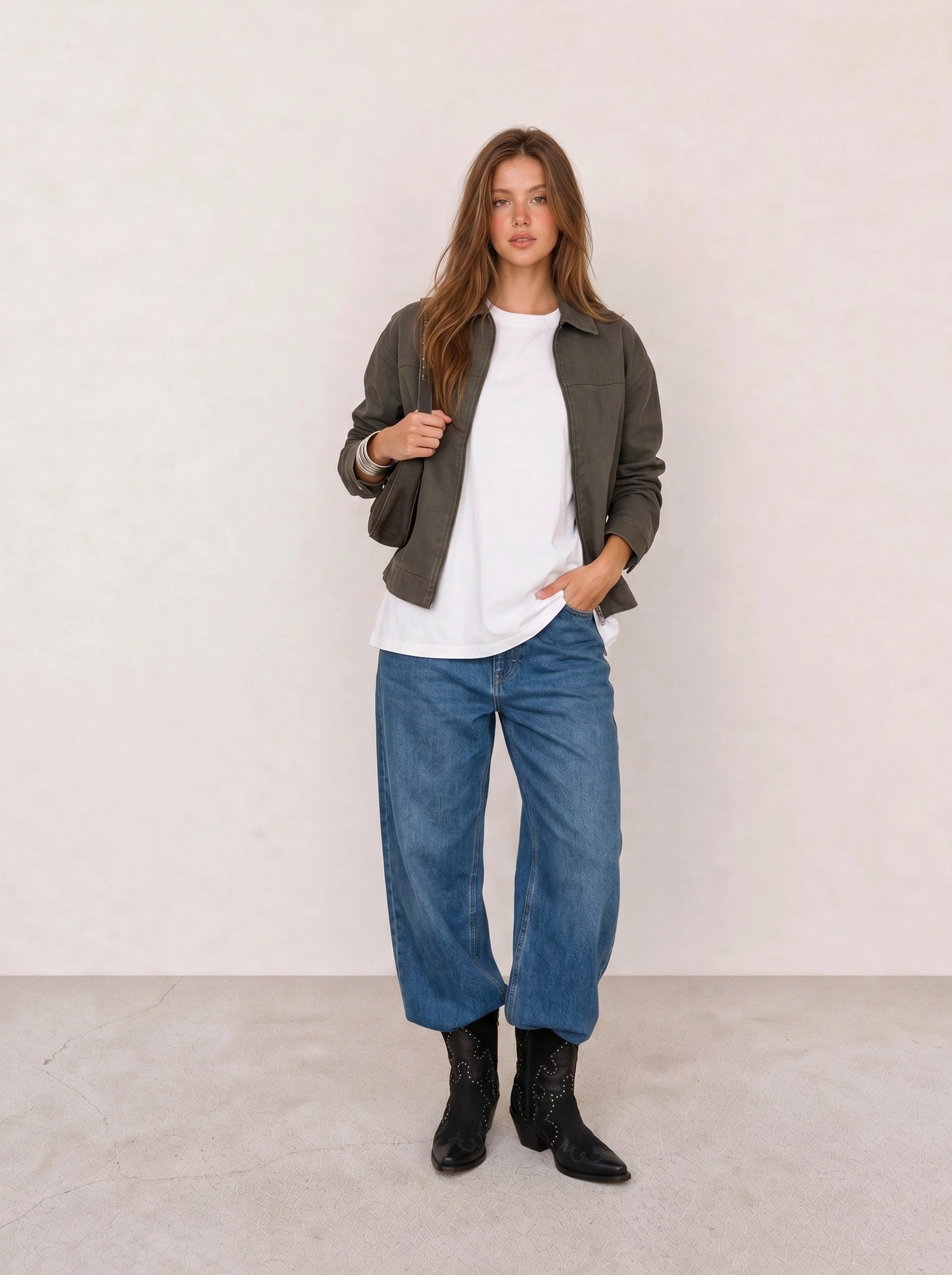 Olive Jacket & White Tee with Barrel Jeans