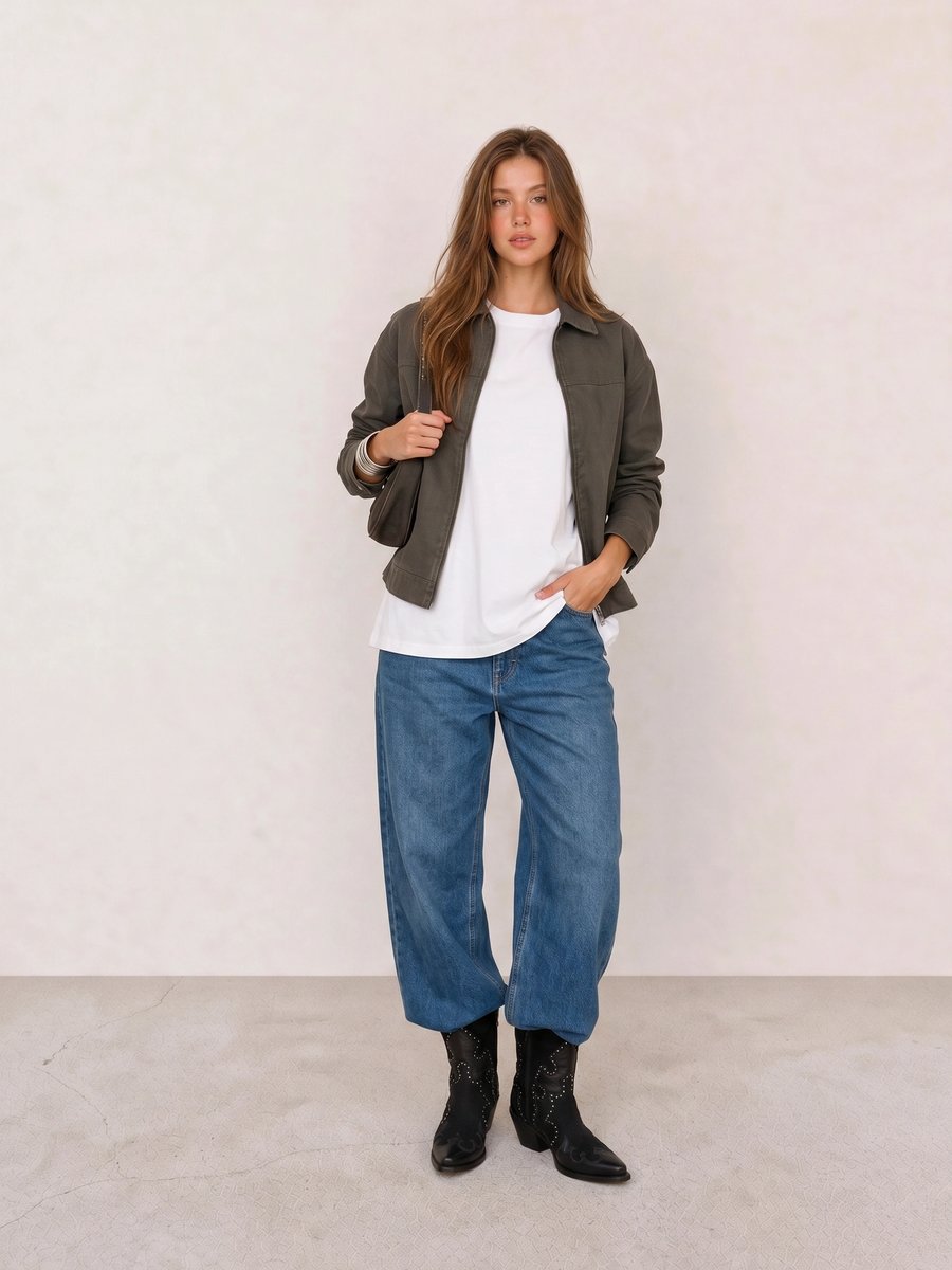Winter outfit with an olive jacket, white oversized tee, curved barrel jeans, and black studded boots