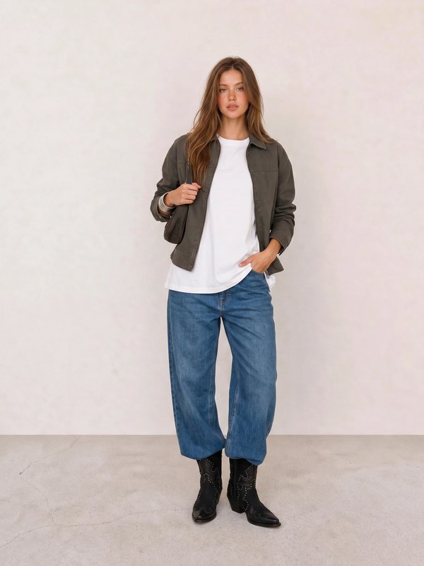 Olive Jacket & White Tee with Barrel Jeans