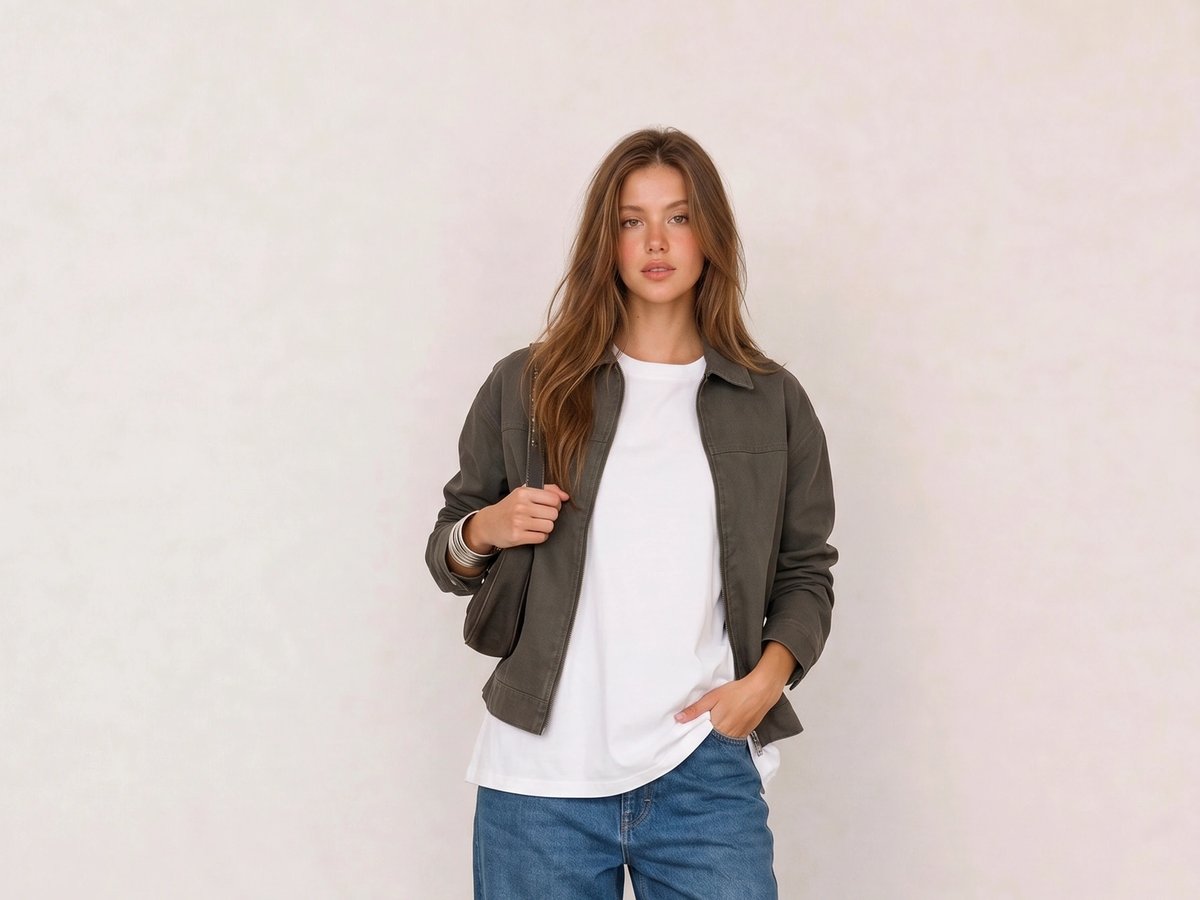 Olive Jacket & White Tee with Barrel Jeans