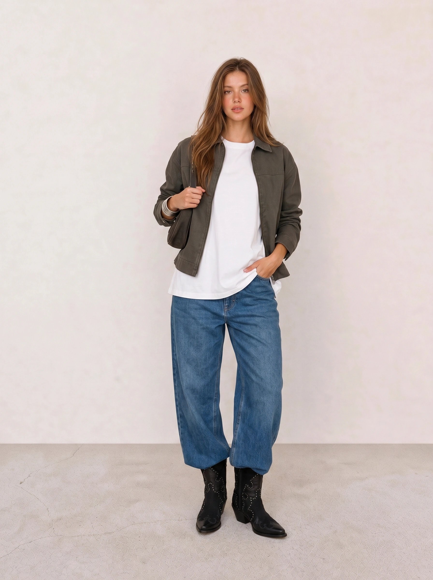 Olive Jacket & White Tee with Barrel Jeans