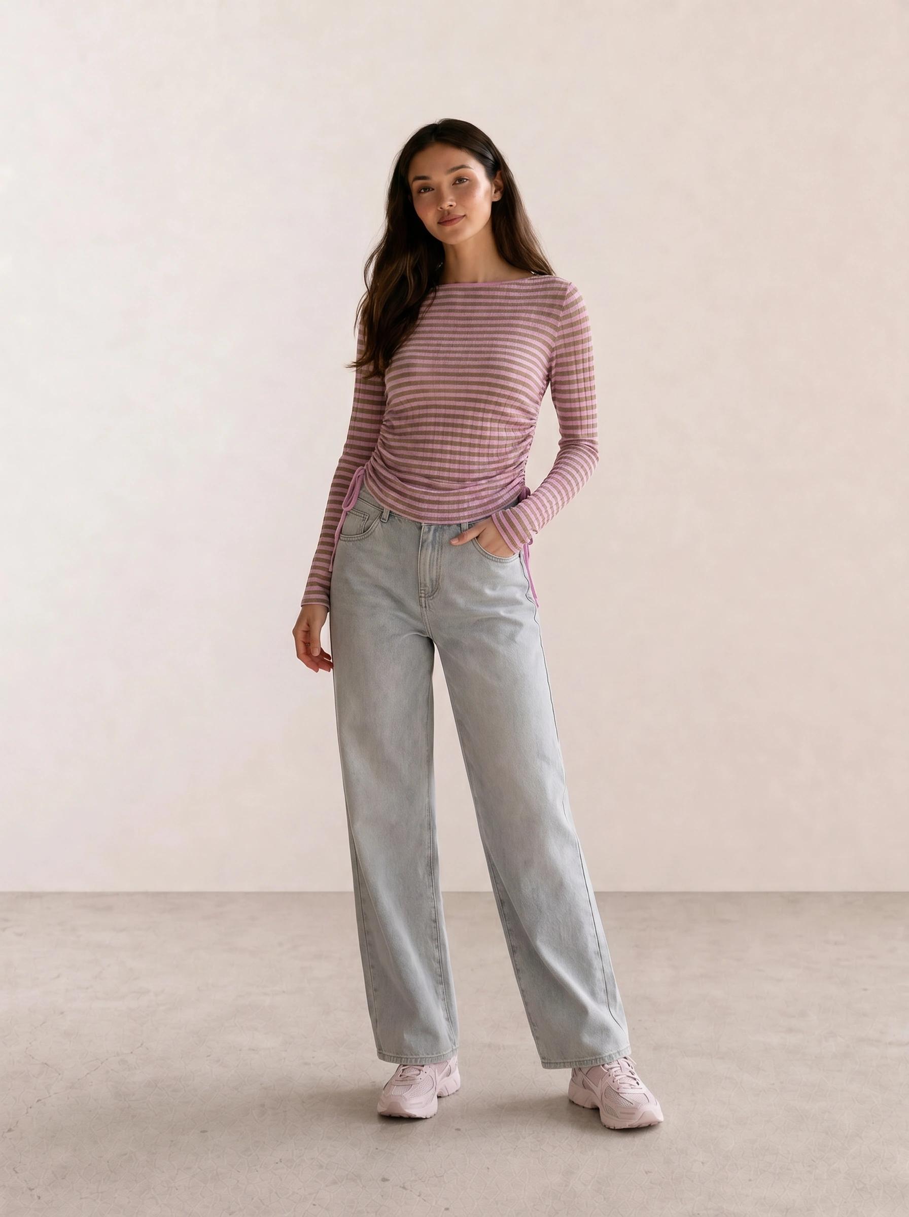 Mauve Striped Ruched Top & Wide-Leg Jeans
