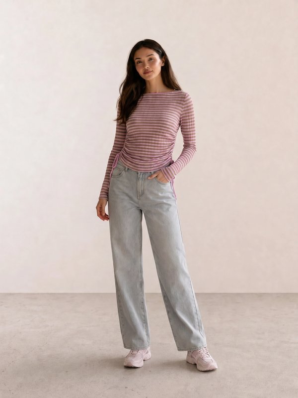 Mauve Striped Ruched Top & Wide-Leg Jeans