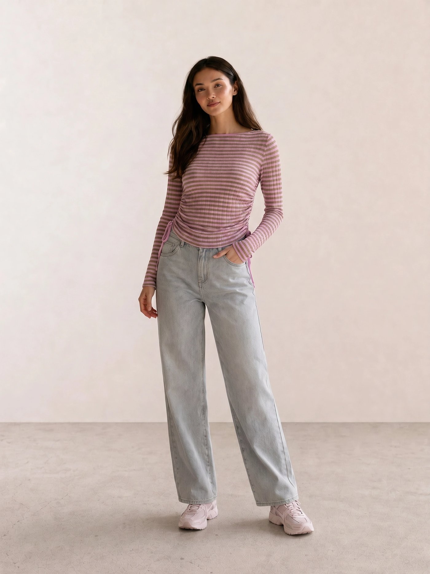 Mauve Striped Ruched Top & Wide-Leg Jeans