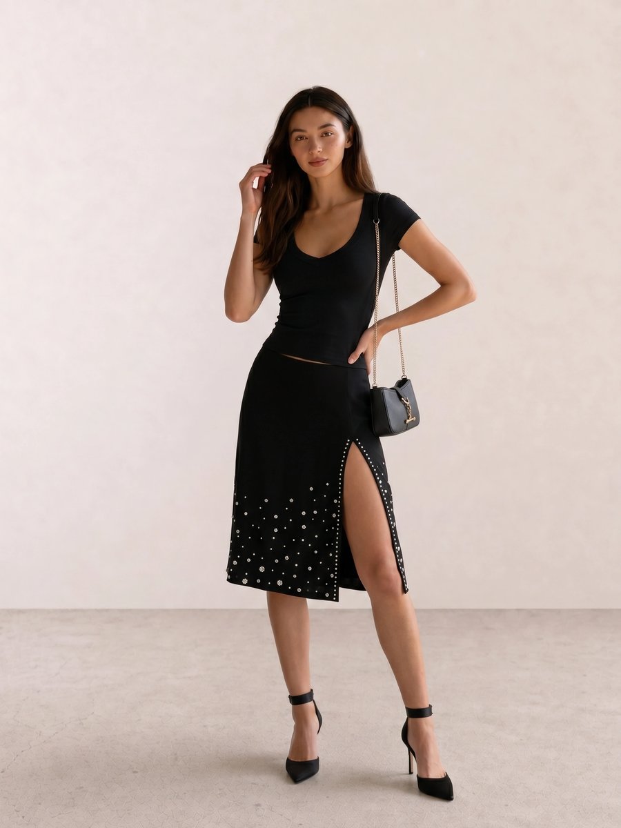 Black outfit with a scoop neck tee, embellished high-slit midi skirt, chain-strap bag, and satin heels