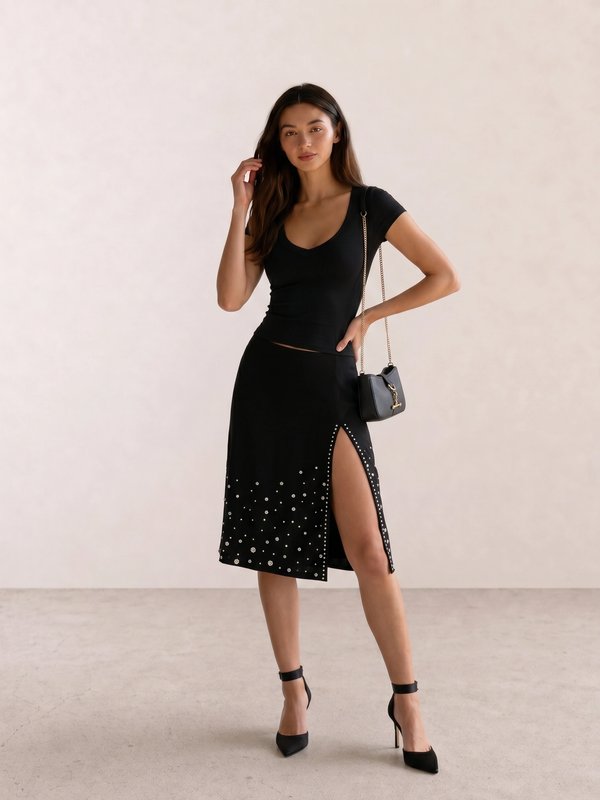 Scoop Neck Tee & Embellished Slit Midi Skirt